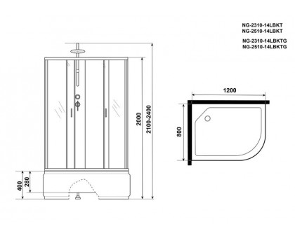 Душевая кабина Niagara NG-2510-14LBKTG 120х80 см, с тонированными стеклами, левосторонняя